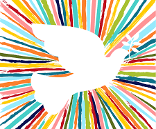 ilustracion de la paloma de la paz, detras suyo salen rayos coloridos